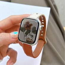The Minimalist Leather Strap Is Suitable For Dial Sizes Of 38/40/41/42/44/45/46/49 Millimeters And Is Compatible With Apple Watch Ultra/Se10/9/8/7/6/5/4/3/2/1 Series Straps - White and Brown - View 4