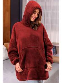 Sudadera Hoodie Manta de Mujer Con Capucha y Forro Afelpado angas con Bolsillos, Cálida y Acogedora Manta para Adultos, Talla única Sudadera con Longitud Extra, Gigante Bolsillo, Multifuncional, Manta Bata Sudadera Cobija Hoodie Con Capucha Afelpada Calientita Suave - Rojo - Ver 3