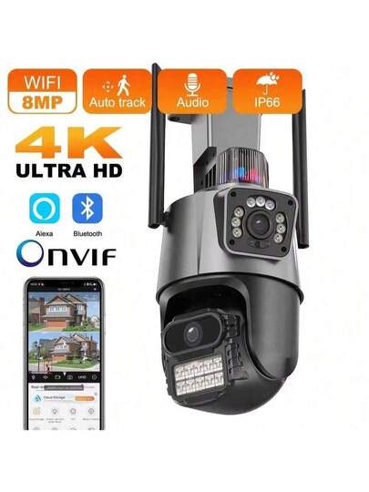 4K 8MP Dual Lens Screen IP Camera Wifi Waterproof IR Night Vision Auto Tracking Surveillance Cameras ICSEE App