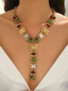 1 件复古夸张时尚仿宝石 Y 形流苏长项链，巴洛克奢华几何粗链项链吊坠，适合女性日常、派对和活动穿着 - 金色 - 查看 2