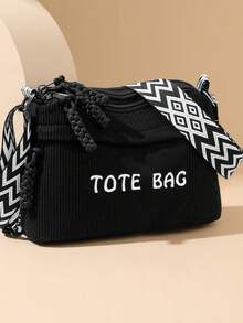 Women's Fashion Corduroy Material Letter Print Multi-Compartment Multi-Zipper Shoulder Bag, Convenient Lightweight Travel Bag With Multiple Pockets For Shopping Or Travel - Black - View 11