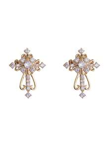 1 Pair Stainless Steel Vintage French Style Fully Rhinestone Embellished Cross Stud Earrings, Delicate Luxurious Minimalist Design