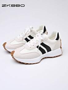 ZKBBO 女士休闲平底运动鞋，轻便舒适简约系带运动鞋，防滑耐用健身步行鞋 - 米色 - 查看 6