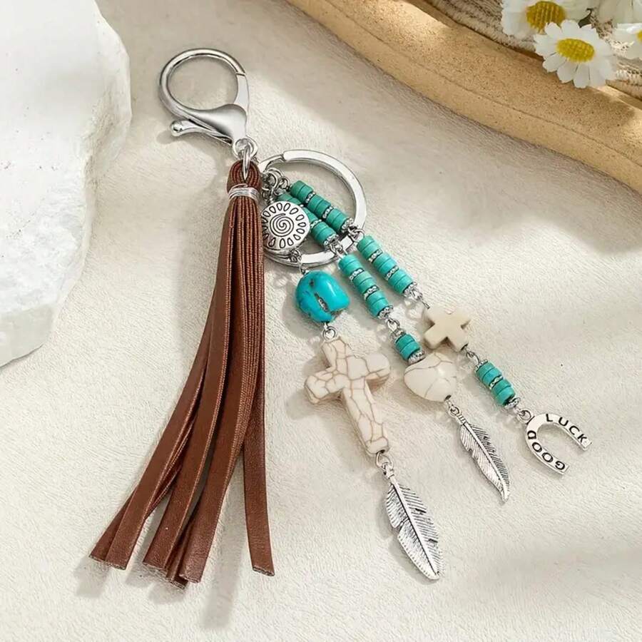 1 Piece Mother's Day 2026 Unisex Western Style Keychain, Special Limited Edition, Premium Quality Top Rated, Brown Tassel Cross Pendant Feather Ornament, Heavy Metal Chain Vintage Ranch Style, Durable Accessory For Backpack Car Key Decor Daily Use Festive Occasion, Best Mom Gift Gift For Mom Mothers Day Gift Mommy Gift Gift For Grandma Mum Gift Sentimental Thank You Mom Gift Mothers Day Accessories Heartfelt Unique Surprise Gift For Mom - 1個 - 查看 1