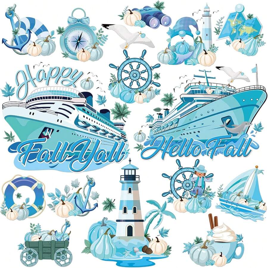 Fall Cruise Door Magnet - 16 Pcs Halloween Large Ship Decorations Funny Mailbox Covers Magnetic Cute Blue Pumpkin Cabin Anchor Stateroom Stickers Decals For Fridge Refrigerator Party Decor - 秋季-16件 - 查看 1