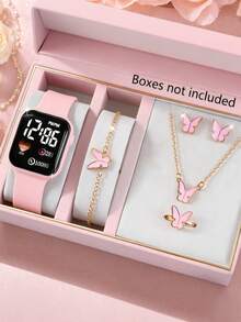 6/1pc/Set Fashionable, Cute, Exquisite And Elegant Square Heart-Shaped Pattern LED Digital Display Electronic Watch, Paired With Butterfly Necklace, Bracelet, Ring, Earring Set, Suitable For Girls' Jewelry Set, Is The Perfect Gift For Parties, Celebrations, Travel, Back To School Season, Christmas, Halloween, Family And Friends Gifts, Commemorative Items