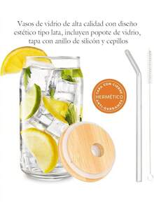 SELECTSHOP Set De 4 Vaso Tipo Lata De Vidrio Con Tapas Popotes De Vidrio Y Cepillo De Limpieza Vasos para Cerveza Taza de Café Helado Vasos de Cóctel Adecuados para Agua Jugo Sodaé Regalo (Set De 4) - Juego de 6 piezas - Ver 9