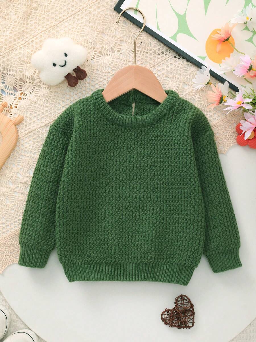 Infant Round Neck Long Sleeve Warm Knit Sweater - Green - View 1