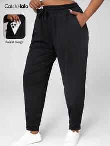 Plus Size Women Loose Drawstring Waist Pockets Sports Pants, Pure Black, Casual Sporty Style (2025 Autumn/Winter Yoga & Fitness Leggings) - Black - View 3