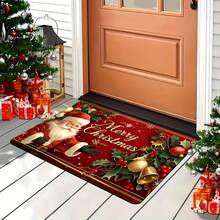 1pc Rectangular Christmas Door Mat With Santa Claus & Golden Lettering - Red & Golden Plush Indoor Entry Mat, Washable Holiday Decor Mat For Front Door, Living Room, Bedroom - Festive Wreath & Snowflake Design With Holly & Berries, Durable Floor Mat For Home Entrance, Suitable For Laundry, Bathroom, Kitchen - Easy-Clean Indoor Mat With Golden Frame & Red Border. Actual Item Is Smaller Than Picture. May Be Certain Color Difference. - White - View 2