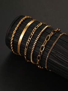 6 Pieces Of Bracelet Set, Alloy Round Bead Chain Box Chain, Simple And Fashionable Bracelet, A Versatile Jewelry Collection Suitable For Daily Wear, Including Paper Clip Chain, Herringbone Chain And Figaro Chain Design