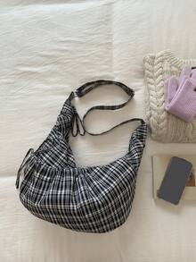 日式格子单肩包，时尚褶皱蝴蝶结拉链斜挎包，学生/大学生轻便可折叠布包，适合购物、日常通勤，新月包 - 彩色 - 查看 17