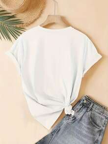 Una camiseta de mujer de estilo casual, de corte holgado, con cuello redondo y estampado floral de manga corta - Blanco 1 - Ver 3