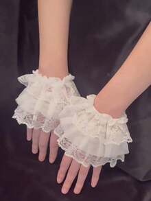 1 par de mangas elegantes y vintage con doble capa de volantes y encaje floral para mujer - Mangas de encaje para los brazos - Ver 4