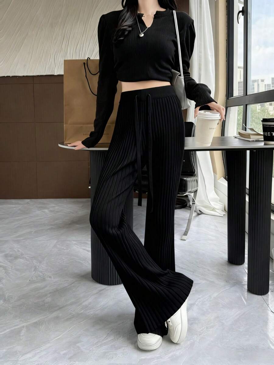 2026 Women's Spring Knitted Glutinous Rice Pants, Gray Drawstring Tie Flared Leg Trousers, Wool Blend Relaxed Fit Slimming Wide Leg Pants