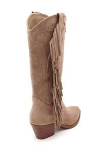 Western Fringe Boots - Soft Suede, Angled Heel - Khaki - View 5