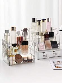 Multipurpose Cosmetic Storage Box With Partitions, Transparent Skin Care Product Rack - Plastic Cosmetic Dressing Table Storage Box, Suitable For Girls' Dressing Table, Bathroom, Desk Counter - Clear - View 1