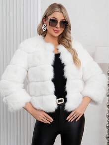 Elegant Women's Faux Fur Coat White Color Regular Sleeve Round Neck Wrist Length Contrast Faux Fur Design Warm Lined For Winter Christmas And New Year - White - View 2