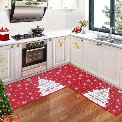 Christmas Kitchen Rug Sets Xmas Holiday Snowflake And Christmas Tree Kitchen Mat 2 Pieces Non-Slip Decorative Doormat Area Runner Carpet Set Floor Mat For Home Decoration