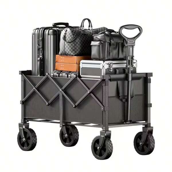 1 Pc Collapsible Foldable Wagon Cart, Trailer Holds 220lbs-300lbs-450lbs-550lbs. Heavy Duty Multipurpose Garden Cart - All Terrain Utility Cart With Metal Frame For Beach, Lawn, Sports, Camping - Black