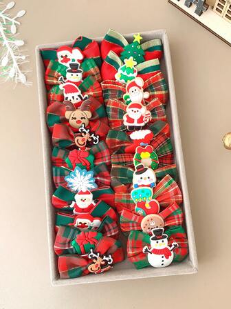 10/20 件女士圣诞发夹，圣诞老人蝴蝶结、驯鹿和雪花格子发夹，圣诞袜发饰