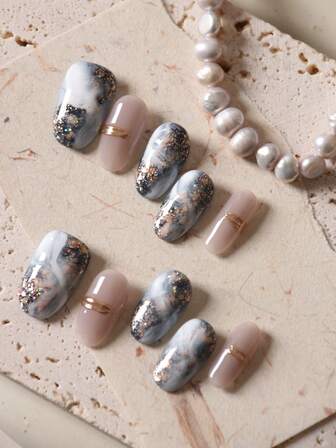 10 st. pressnaglar, korta naglar, tung industri, blå, gyllene vita, kontor, vardagskläder, lösnaglar, konstnagelkit, innehåller 1 ark självhäftande flikar och 1 st. minifil