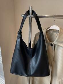 复古荔枝纹大容量休闲单肩托特包，拼接纯色女手提包，优雅百搭通勤托特包 - 黑色 - 查看 6