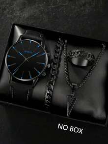4pcs Men's Gift Set, Minimalist Scale Leather Quartz Watch, Arrow Pendant Necklace, Bracelet, Ring Set, With Round Dial And Synthetic PU Leather Strap, Suitable For Business Occasions, Birthday Gift - Black - View 6