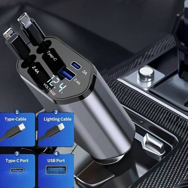 W&O 4-In-1 Retractable Car Charger, Fast Charging Car Charger, Dual USB Ports, Compatible With For Iphone And Type-C, PD And QC3.0, 180° Adjustable Base, Compatible With For Iphone 16/15/14/13/12/11 And Android Devices, Suitable For Car Charging, Car Accessories, Holiday Gift, SAN.COMO Fast Car Charger