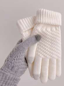 1 Pair Multicolor Winter European & American Popular Thick Velvet Knitted Five-Finger Universal Unisex Solid Color Gloves, Windproof - Multicolor - View 15