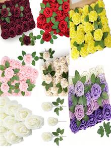 25pcs Purple Artificial Rose Flowers Set With 2pcs Leaves, Realistic Roses On Stems, For DIY Wedding Bouquet, Party, Home Decor - Five Colors Purple - View 1