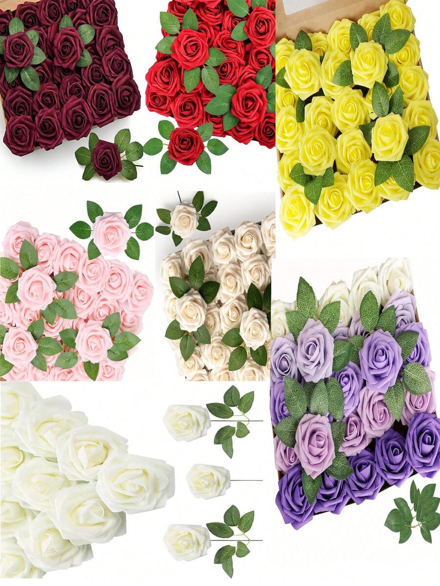 25pcs Purple Artificial Rose Flowers Set With 2pcs Leaves, Realistic Roses On Stems, For DIY Wedding Bouquet, Party, Home Decor - Five Colors Purple - View 1