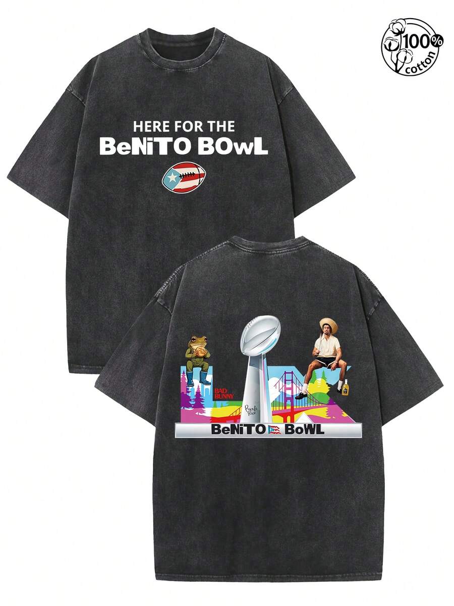 BadBunny Fans Need This Shirt For 2026 Benito Bowl,Retro Washed T-Shirt Double Sided Printed ,Here For The Benito Bowl Men And Women T-Shirt,Boutique 230g Washed Batik Retro Thick Cotton T-Shirt, Couple Fashion Casual Exquisite Cotton T-Shirt - màu đen - Xem 1