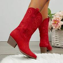 Women'S Cowboy Western Boots Point Toe Pull On Cowgirl Boots Embroidered Detail Chunky Heeled Spring And Winter Back To School Party Festival Halloween Matching Dress Mid Calf Red Boots - 紅色 - 查看 4