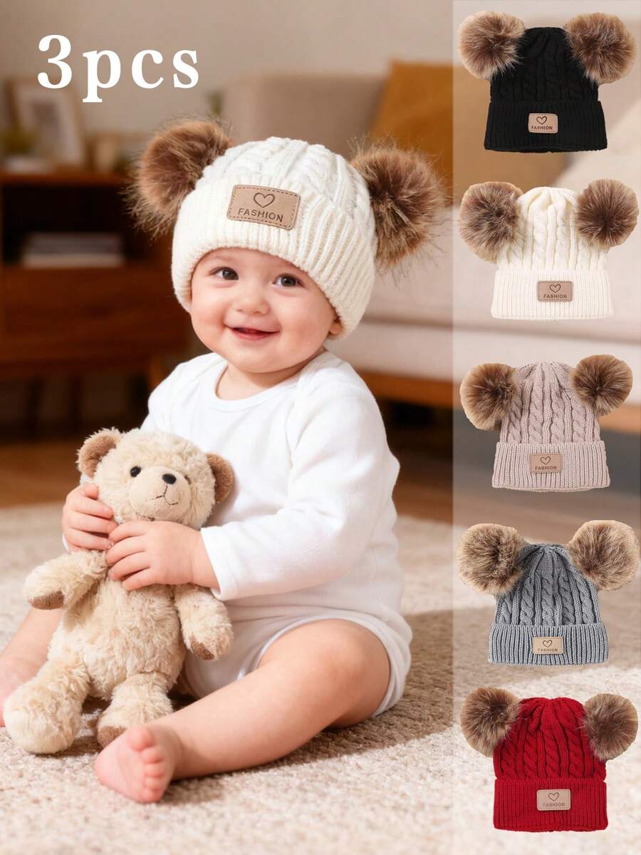 Baby Double Pom-Pom Knitted Hat With Braided Pattern And Car Logo Design The Car Logo Has A Heart FASHION Unisex For Girls Fashionable Casual Outfit For Autumn And Winter. - Double Pompom Knitted Hat - View 1