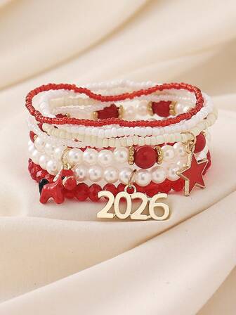 7 件优雅可爱的手工人造珍珠、可爱小马、星星吊坠多层手链套装，适合女性、派对、度假、通勤、完美礼物、日常佩戴