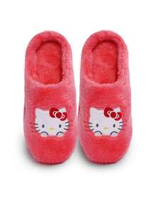 SANRIO 3双装女童闭趾可爱保暖防滑平底毛绒拖鞋，适合冬季室内穿着，三丽鸥鞋，毛绒拖鞋 - 紅色 - 查看 9