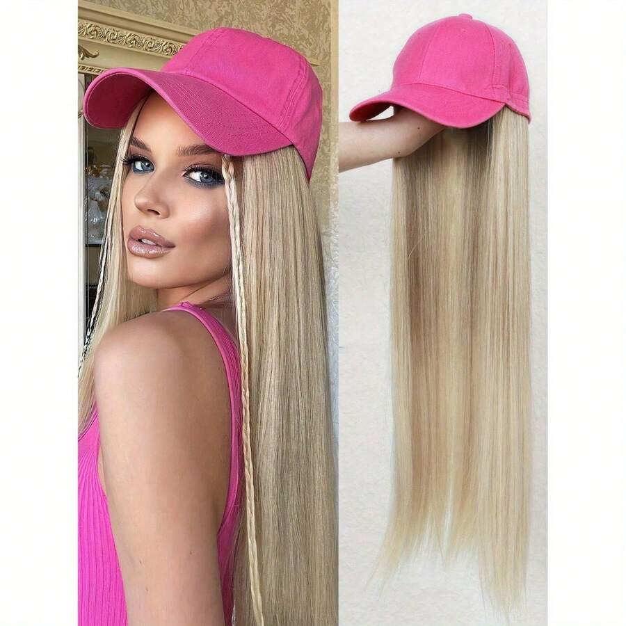 22 Inch Long Wavy Straight Hair Women's Sun Hat Wig Baseball Cap With Hair Extensions Synthetic Wig Easy To Wear - Màu Hồng Tươi - Xem 1
