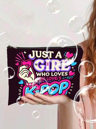 1 pieza Bolsa de maquillaje estilo K-Pop - Diseño para amantes del K-Pop, con letras coreanas y patrón de gesto de corazón, color morado y rosa vibrante, cierre de cremallera , tela sin fragancia, organizador de cosméticos de viaje multifuncional adecuado para mujeres, como regalo para fans de K-Pop, hermanas, amigas (Navidad, cumpleaños, graduación), bolsa de maquillaje con cara de dibujos animados, bolsa de maquillaje personalizada para mujeres, bolsa de maquillaje de diseño chino, con espejo