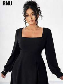 RNU Plus Size Women Elegant Woven Non-Stretch Solid Color Fabric Dress, Hidden Zipper Back, Puff Sleeves, Wide Collar, Plus Size New Autumn/Winter Outfit, Suitable For Concerts, Fashion Versatile Outerwear, Plus Size New Autumn/Winter Outfit, Suitable For Parties, Gatherings, Night Dates, Christmas, New Year, Wedding Guest Attire, Long Sleeve Versatile Short Dress