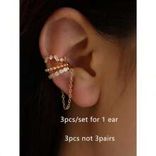 3 Pieces Sparkling Cubic Zirconia Chain Clip Earrings Set, Multi Layered Earrings For Women's Daily Wear, Dates And Parties - 黃金 - 查看 3