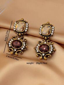 1 Pair Retro Geometric Oval Rhinestone Stud Earrings, Vintage Earrings, Suitable For Gifts, Holiday Gifts - 彩色 - 查看 5