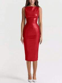 Sedessea 圣诞红色仿PU皮革无袖时尚优雅修身派对连衣裙，女士优雅款 - 紅色 - 查看 3