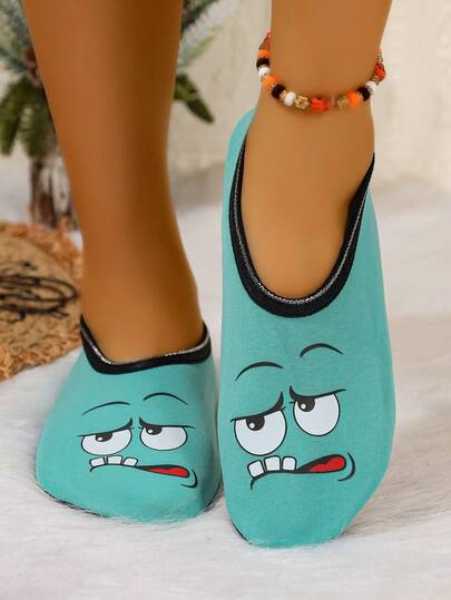 Women's Cute Face Design Plush Lined Breathable High Elastic Indoor Slippers, Suitable For Home, Beach, Outdoor, Yoga