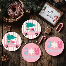 4pcs/8pcs Pink Christmas Theme Coasters, Christmas Pattern Absorbent Pads Coffee Mats Drink Coasters, Kitchen Table Room Bar Decor Holiday Gift - Multicolor - View 3