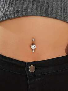 1pc Personalized Heart & Moon Cubic Zirconia Inlaid Navel Ring, 14G Iridescent Aurora Decor Belly Button Piercing Suitable For Daily Wear