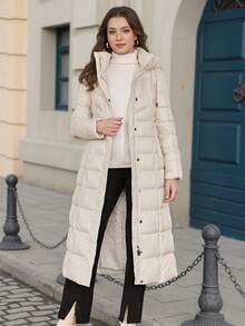 ZIAI High Quality Solid Color Hooded Slim Fit Long Down Jacket, Winter - Apricot - View 9