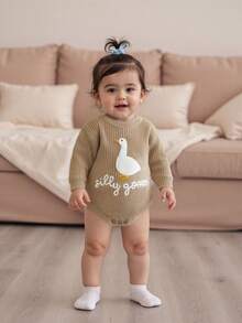Newborn Infant Cute Goose Letter Embroidery  Romper Jumpsuit Baby Knitted Sweater Long Sleeve Round Neck Rompers Newborn Girl Boy Goose Funny Romper Reveal Pregnancy Announcement Clothes - 卡其色 - 查看 1