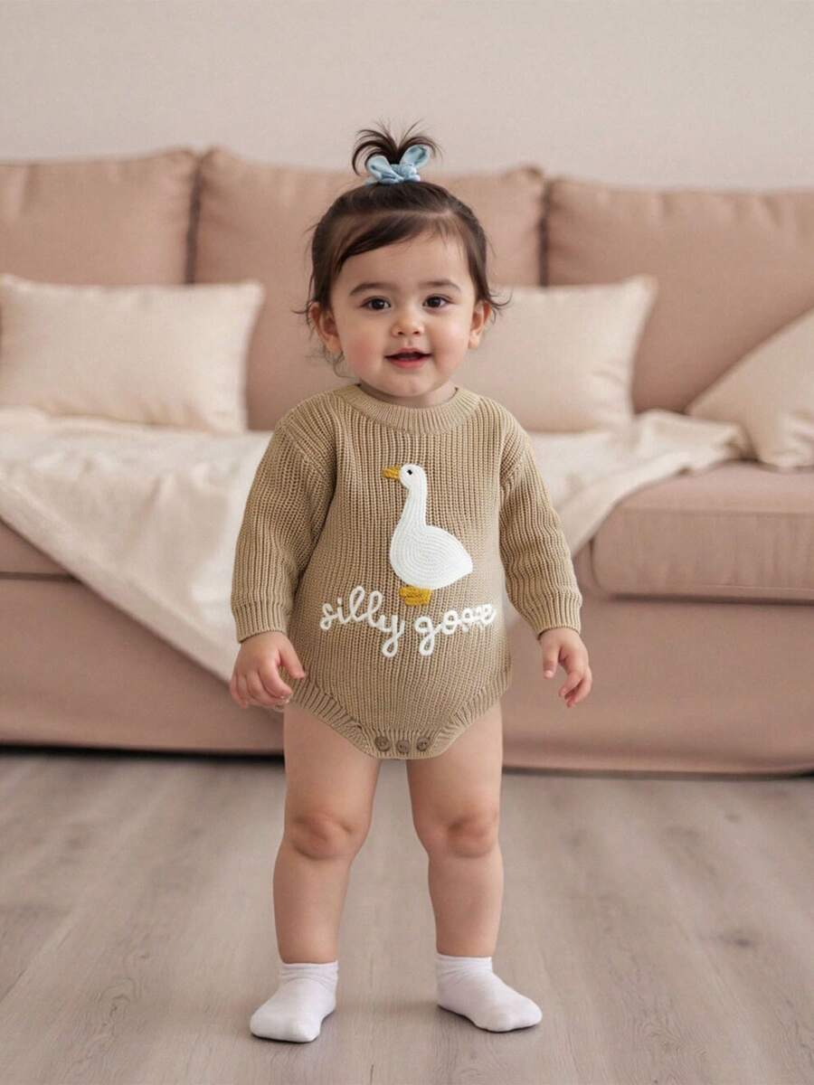 Newborn Infant Cute Goose Letter Embroidery Romper Jumpsuit Baby Knitted Sweater Long Sleeve Round Neck Rompers Newborn Girl Boy Goose Funny Romper Reveal Pregnancy Announcement Clothes - 卡其色 - 查看 1