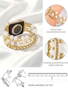 串珠手链，兼容 表带 41 毫米 40 毫米 38 毫米 42 毫米 44 毫米 45 毫米 49 毫米，金色串珠，可爱手工弹力表带，适用于 SE 9 8 7 6 5 4 3 2 1 系列，情侣礼物，金手链套装 - 金色/白色 - 查看 2